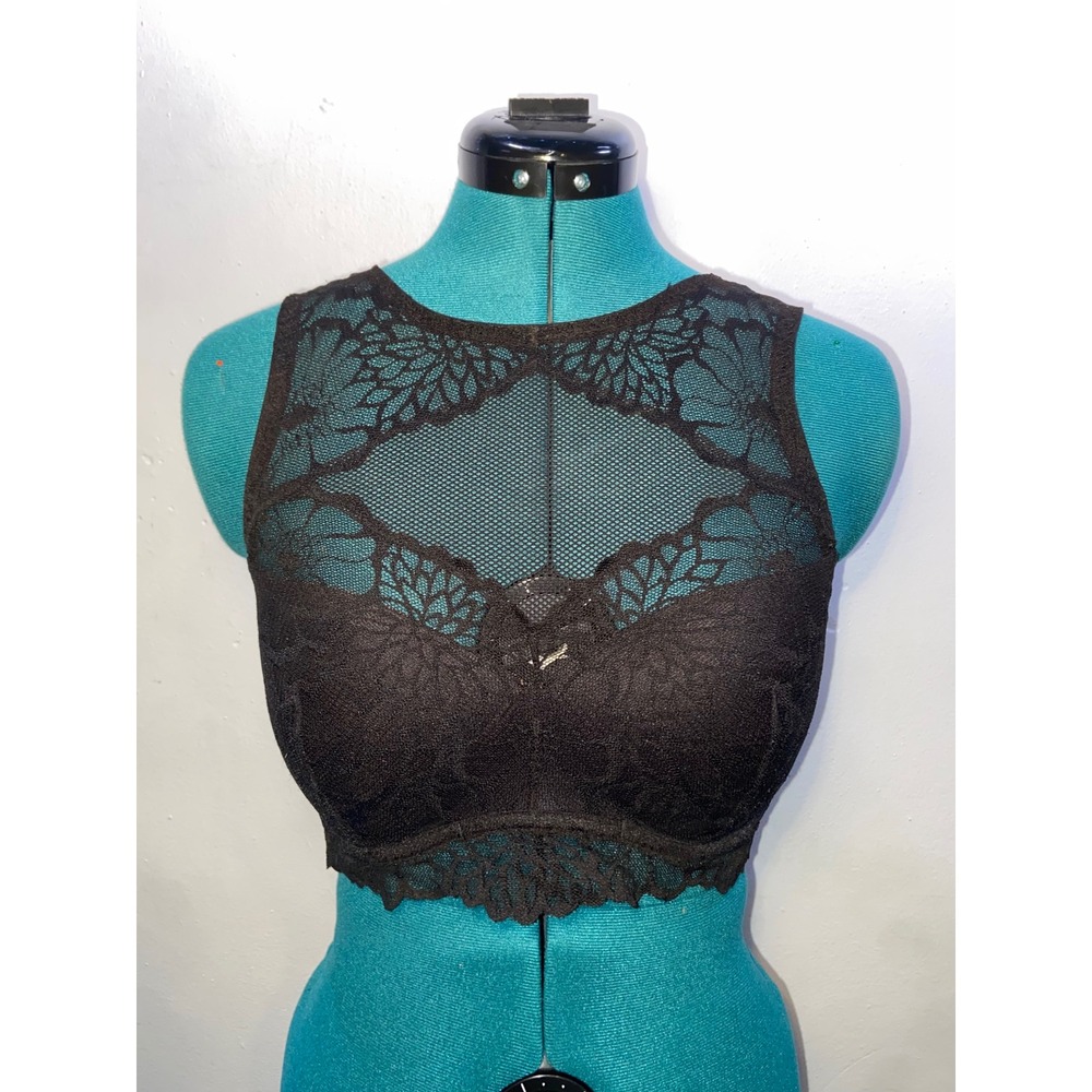 Victorias Secret PINK Black Lace High Neck Bralette Padded Floral Mesh S-DD